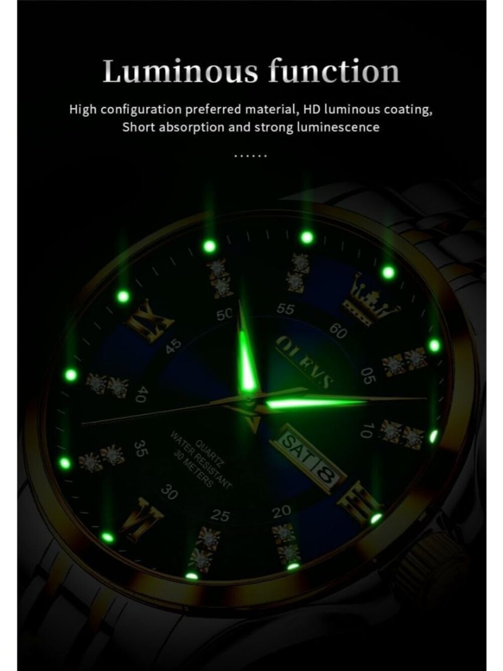Men's Silver Blue Face Diamond Stainless Waterproof Luminous Analog Luxury Watch - Picture 4 of 6